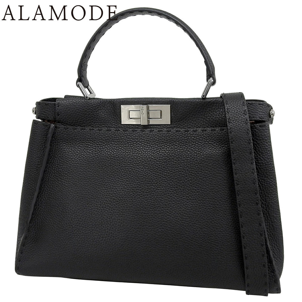Fendi Selleria Peekaboo Regular Leather Handbag Black Brown